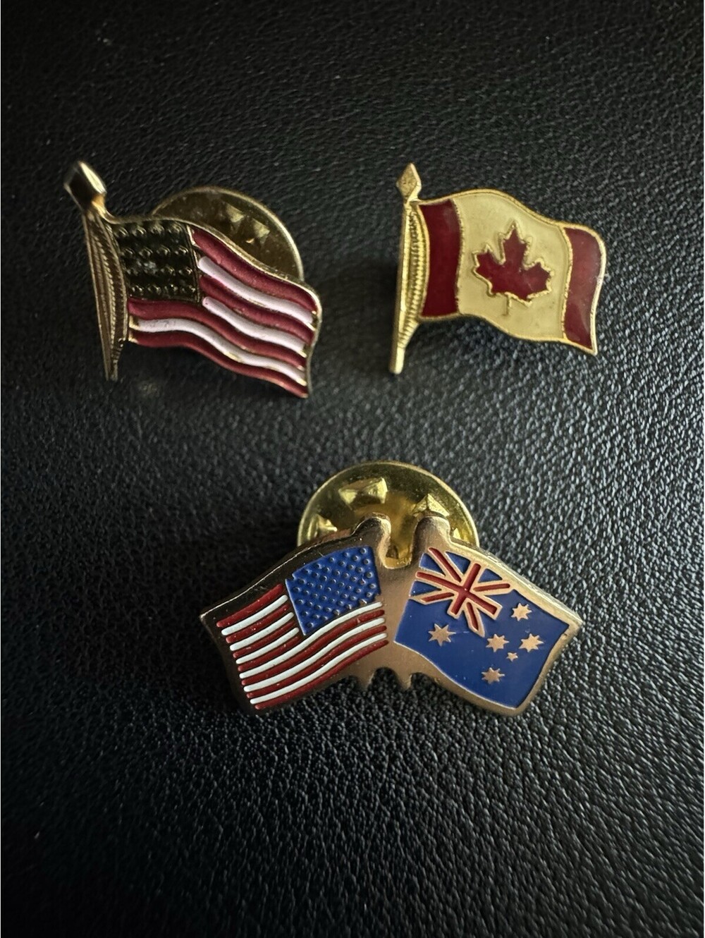 Three Vintage Flag Pins - USA Canada Australia